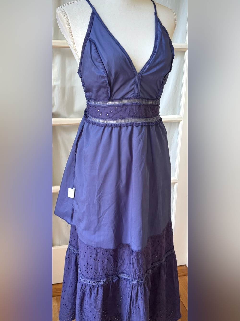 Simplee Cobalt Blue 100% Cotton Eyelet Midi Maxi Dress M Boho Cottagecore - Picture 9 of 14